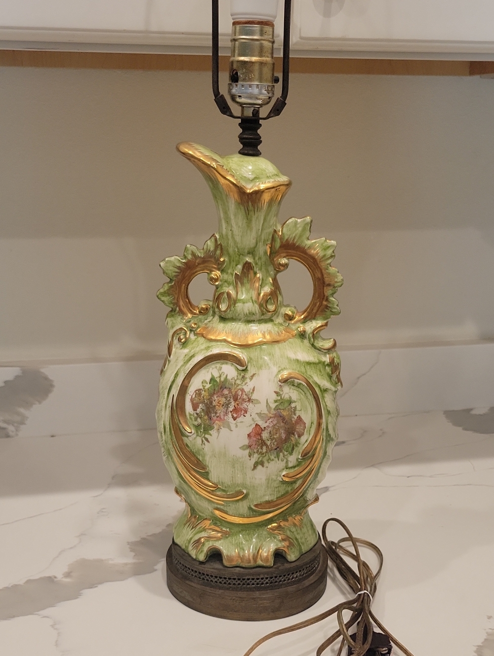 Vintage Green and Gold Floral Ceramic Table Lamp - Unbranded